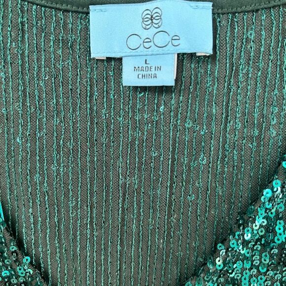 CeCe Sequined V-Neck Cap-Sleeve Green Blouse-Size Large - Picture 4 of 7